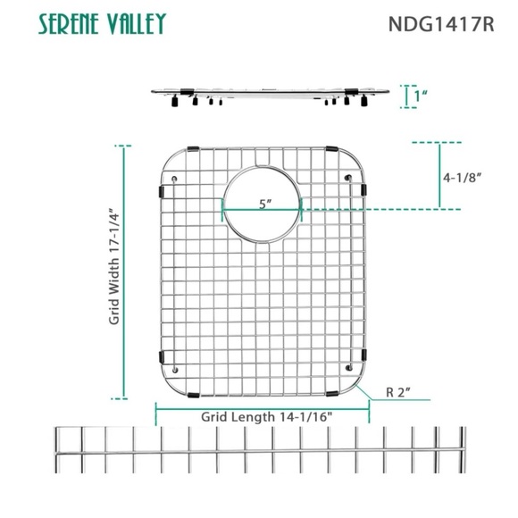 Serene Valley Sink Bottom Grid 14-1/16" x 17-1/4”, Rear DrainW/Corner Radius 2" - Picture 2 of 4